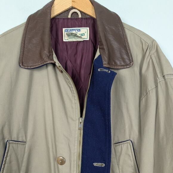 Vintage LL Bean Barn Jacket Mens L Tan Brown Leather Wool 80s 90s Chore Coat - Picture 5 of 16